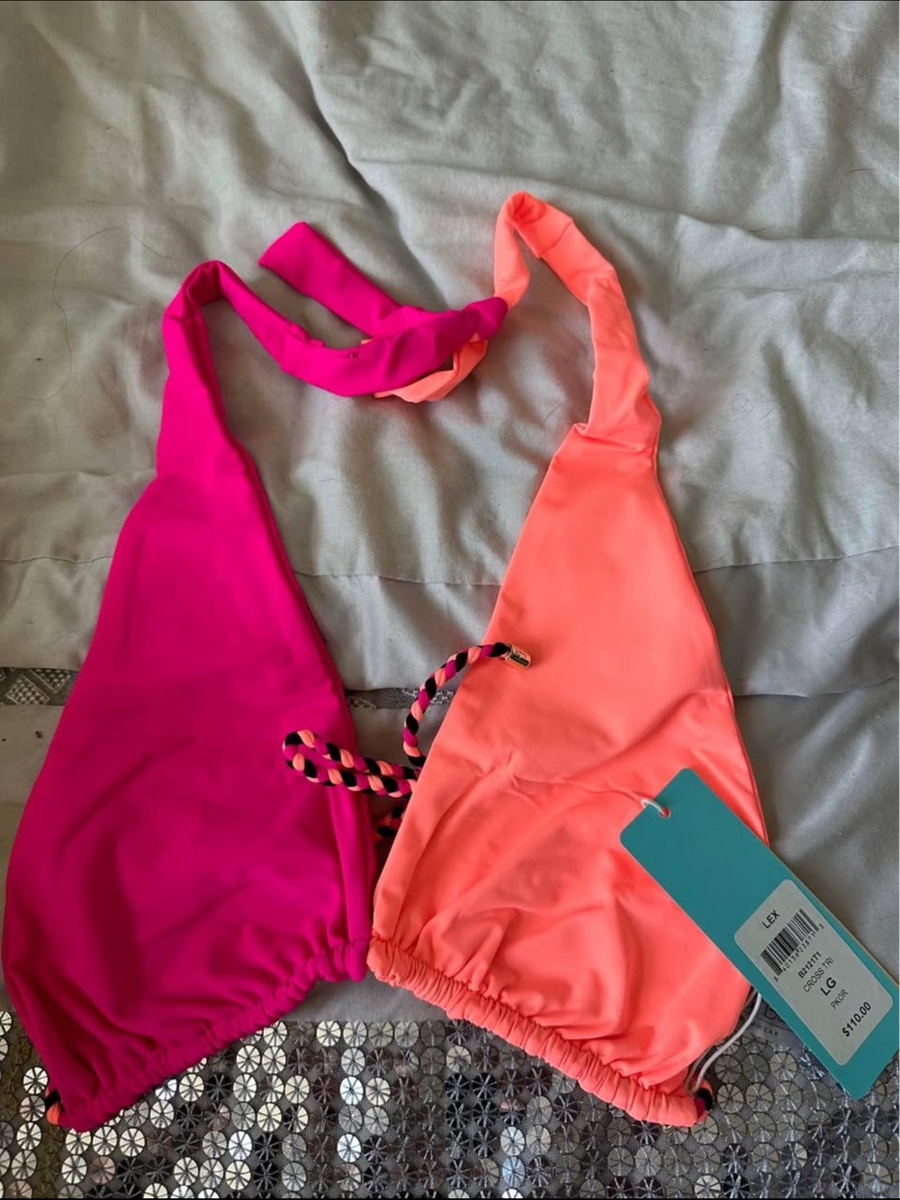 Beach Bunny Black Ribbed Bikini Bottom with Pink Braided Straps